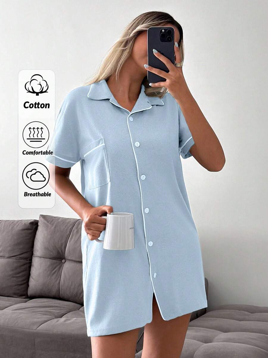 Vestido de pijama de estar por casa con botones delanteros y detalles de color contrastante para mujer - Celeste - Ver 1