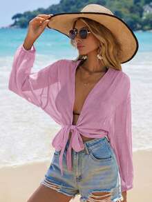 SHEIN Swim Vcay 女士度假和服式短袖罩衫，沙滩 - 粉色 - 查看 3