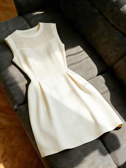 Franclia Elegant And Sexy New Women's Dress, Suitable For Office, Vacation, Beach, Commute, Romantic Date, Party, Birthday Party, Concert, Valentine's Day And Carnival. New French Summer Women's Round Neck Short Sleeve Dress, Made Of Minimalist Fashionable Fitted Knit Fabric And Mesh Splice Design. Apricot Color Women's Dress, Apricot, Women's Casual Wear, Summer Vacation, Summer Dress, Summer Clothing. White Mesh Sheer Mini Dress