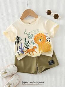 Cozy Pixies Set de 2 piezas de top de punto holgado de cuello redondo y pantalones cortos con estampado de animales y graffiti lindo, adecuado para salidas casuales de primavera/verano para niño/niña bebé - Verde - Ver 10