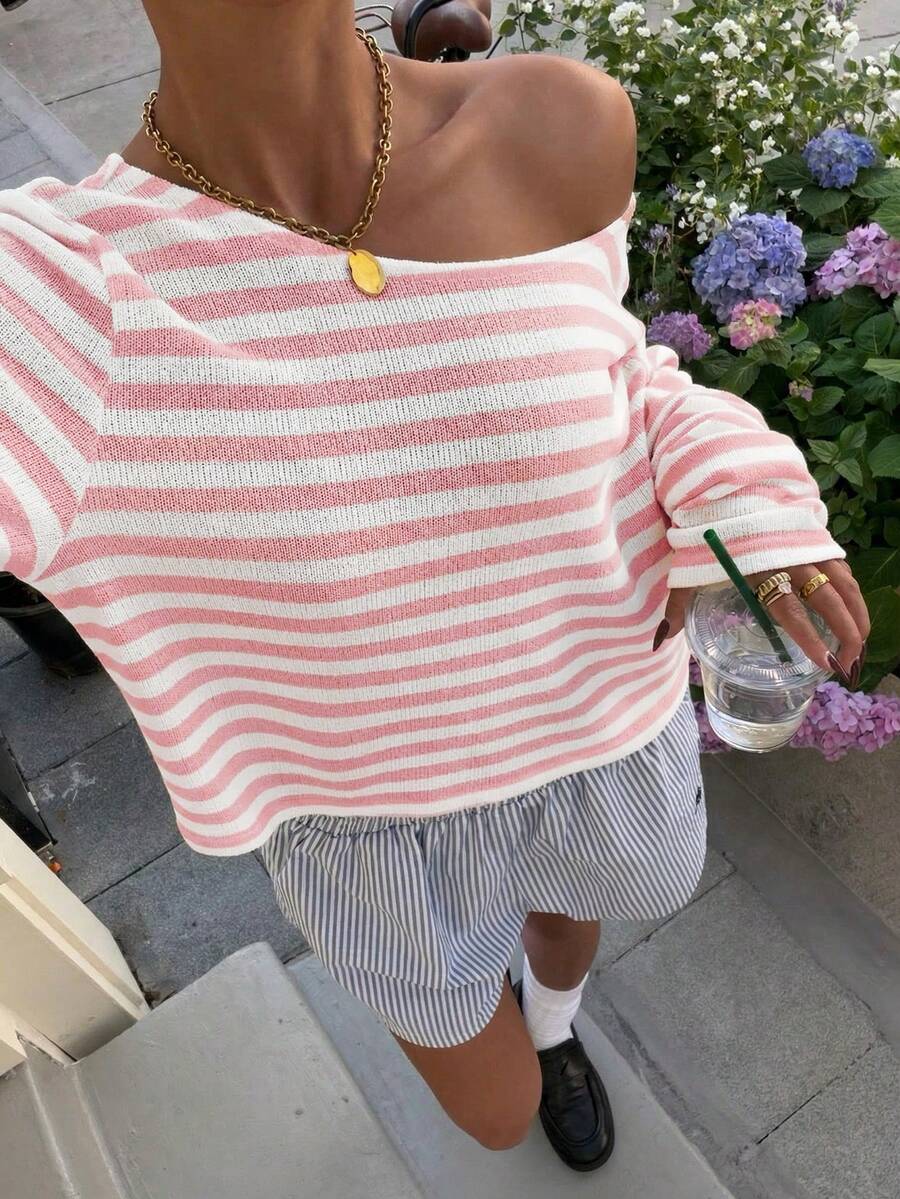 Muchica Áo thun nữ dáng lửng dài tay, rộng rãi, kẻ sọc, kiểu dáng mới mùa xuân/hè. - Hồng - Xem 1