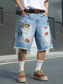 Manfinity EMRG Men's Casual Distressed Light Blue Wide Leg Denim Shorts - Light Wash - View 5