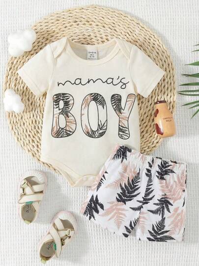 SHEIN Playful Pals Bộ áo liền quần in họa tiết lá nhiệt đới cho bé trai và bé gái từ 0-3 tuổi, dáng rộng, thích hợp cho dã ngoại, vui chơi và thể thao thường ngày, quần áo mùa hè cho bé.