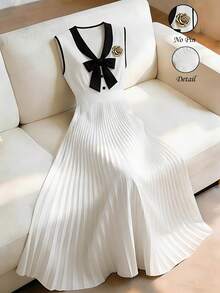 GlowEve Vestido formal ligero con pliegues, decoración de lazo y bloqueo de color elegante y de moda para mujer - Blanco - Ver 3