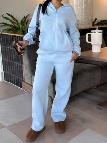 LHSEPT 女士休闲宽松运动衫套装，浅蓝色，秋季 - 藍色 - 查看 4