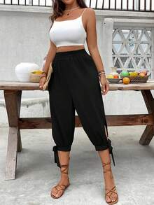 Breezaya Women's Solid Color Pleated Casual Versatile Daily Wear Pants Black Cover Up Pants Zenske Pantalone Womens Black Pants Tie Up Pants Split Hem Pants - Black - View 6