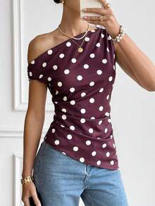 Serisse Women's Casual Polka Dot Print Asymmetrical Shoulder T-Shirt, Summer,Summer Top - Coffee Brown - View 3