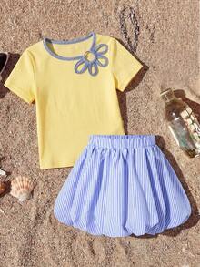 Bộ đồ mùa hè thường ngày cho bé gái, áo thun khoét lỗ và chân váy kẻ sọc. - Nhiều màu - Xem 4