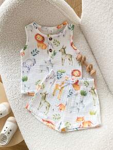 SHEIN Playful Pals Bộ 2 món đồ chơi trẻ em dễ thương in hình sư tử, voi, hươu cao cổ, áo thun ngắn tay và quần short cho bé trai. - trắng - Xem 7