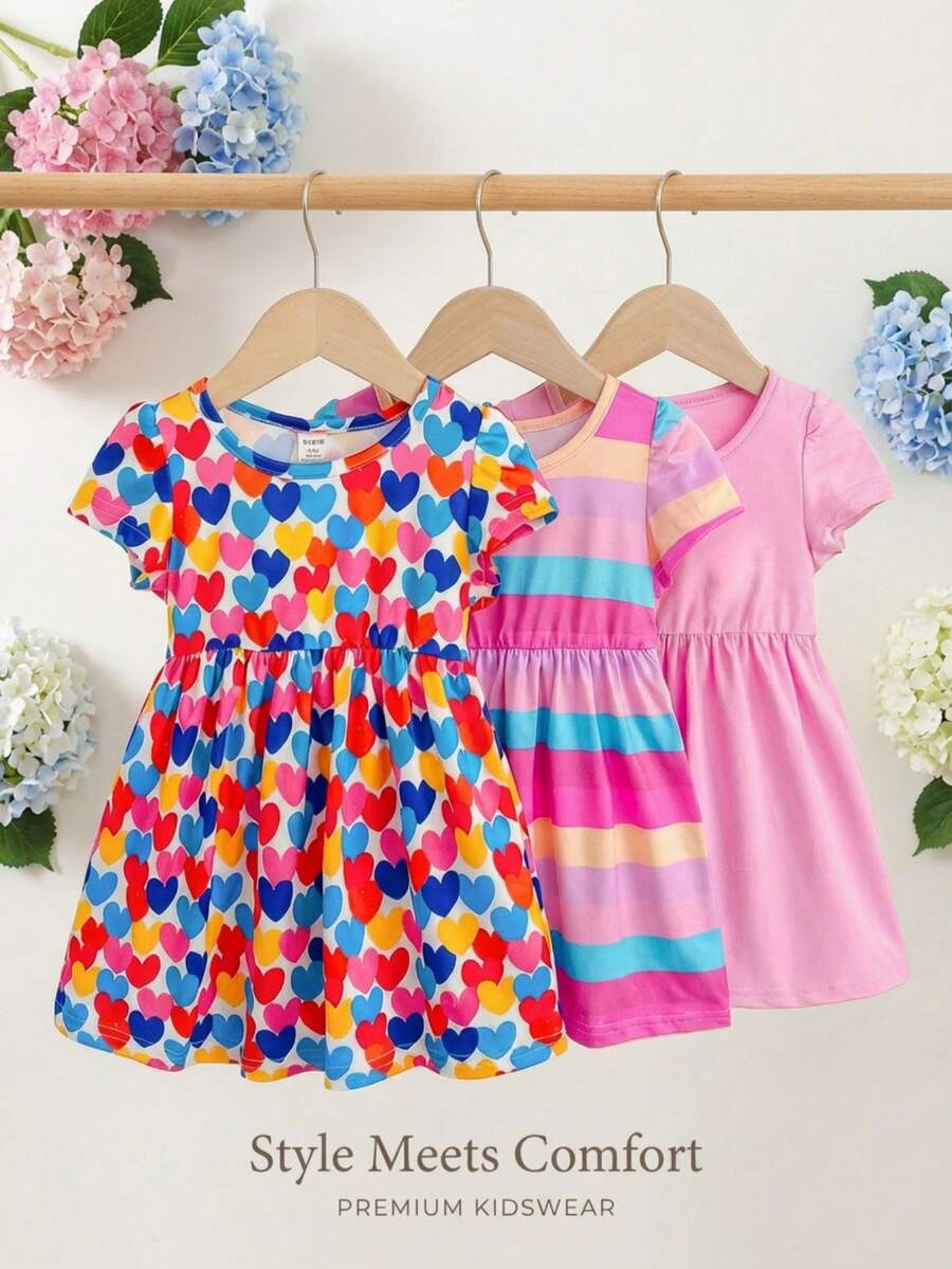 SHEIN Playful Pals 3件套女婴休闲彩色条纹爱心印花圆领长袖连衣裙配帽子 - 粉色 - 查看 1