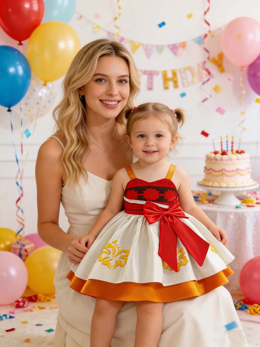 Glamorique Kids Đầm dự tiệc kiểu dáng nghỉ mát cho bé gái, dây mảnh, họa tiết hoa, nơ lớn, phối màu tương phản, thanh lịch. - Nhiều màu - Xem 1