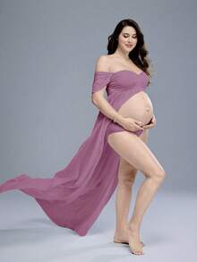 Cheriluna Maternity Vestido de fotografía de maternidad de unicolor con hombros descubiertos y drapeado - Rosa vieja - Ver 5