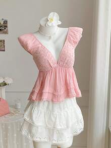 Comfortcana 女士优雅蕾丝拼接深V领衬衫，夏季 - 淺粉色 - 查看 6