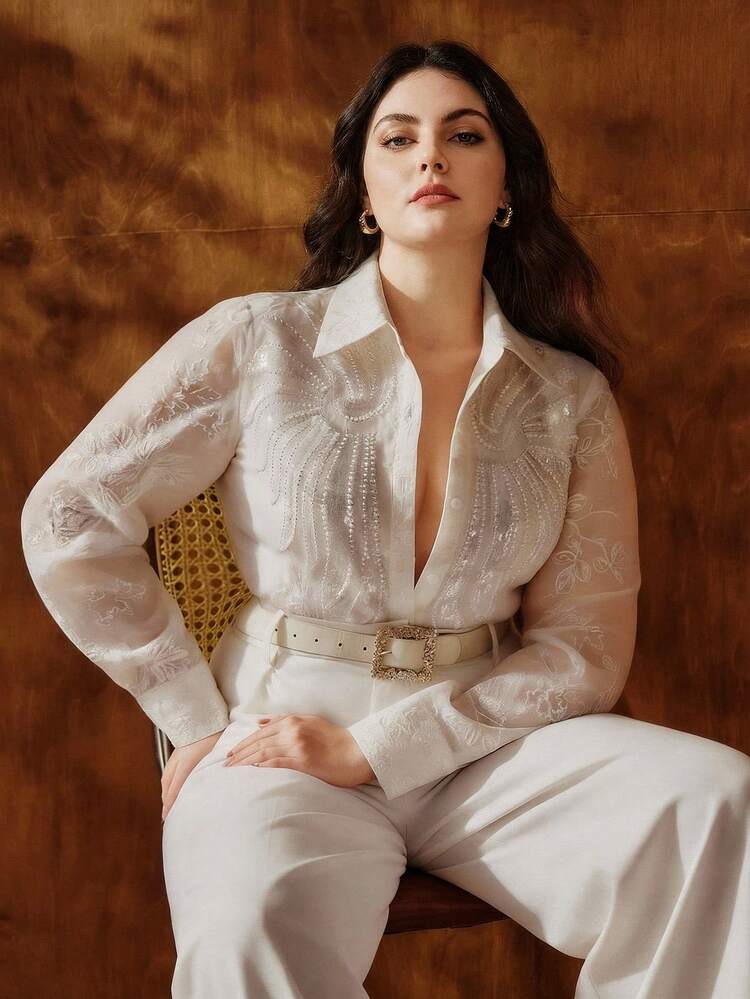 High-Quality Fashion New Plus Size Women's French Luxury Heavily Beaded And Sequined Embroidered Lapel Long Sleeve Blouse, Versatile From Spring To Summer