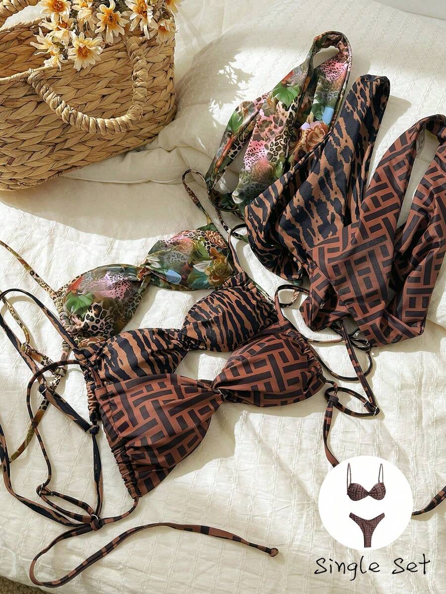 Elavelle Springbreak 女士随机印花系带细肩带高开叉性感比基尼套装(夏季) - 彩色 - 查看 1