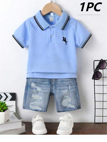 Quần jean trẻ em trai, kiểu dáng thường ngày, cạp chun, thêu họa tiết rách, quần short cá tính, ôm sát, co giãn, đa năng, màu xanh denim bạc màu.