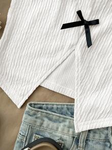 Kids Tween Girls Cute White Crop Top With Black Bowknot Detail And Slit Hem, Summer Tops Girls Vest Tops Cute Crop Tops Cute Tops For Girls Tops For Girls Teenagers - White - View 5