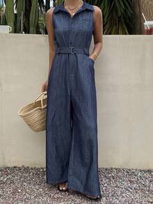 DAZY 女士休闲蓝色连体裤，适合春夏办公穿着 - 藏蓝色 - 查看 3