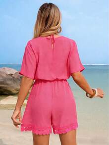 Swim Lushoire 女士夏季沙滩蝙蝠袖V领系带流苏拼接圆蕾丝边连体短裤 - 玫紅色 - 查看 2