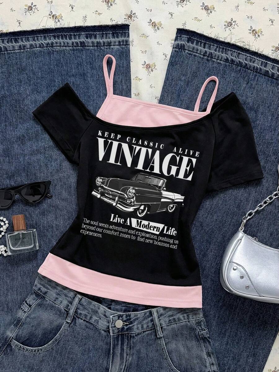 Attitoon Women's Casual Minimalist Black & Pink Contrast Retro Car Graphic Short Sleeve T-Shirt, Suitable For Summer,Pink Top - Pink - View 1