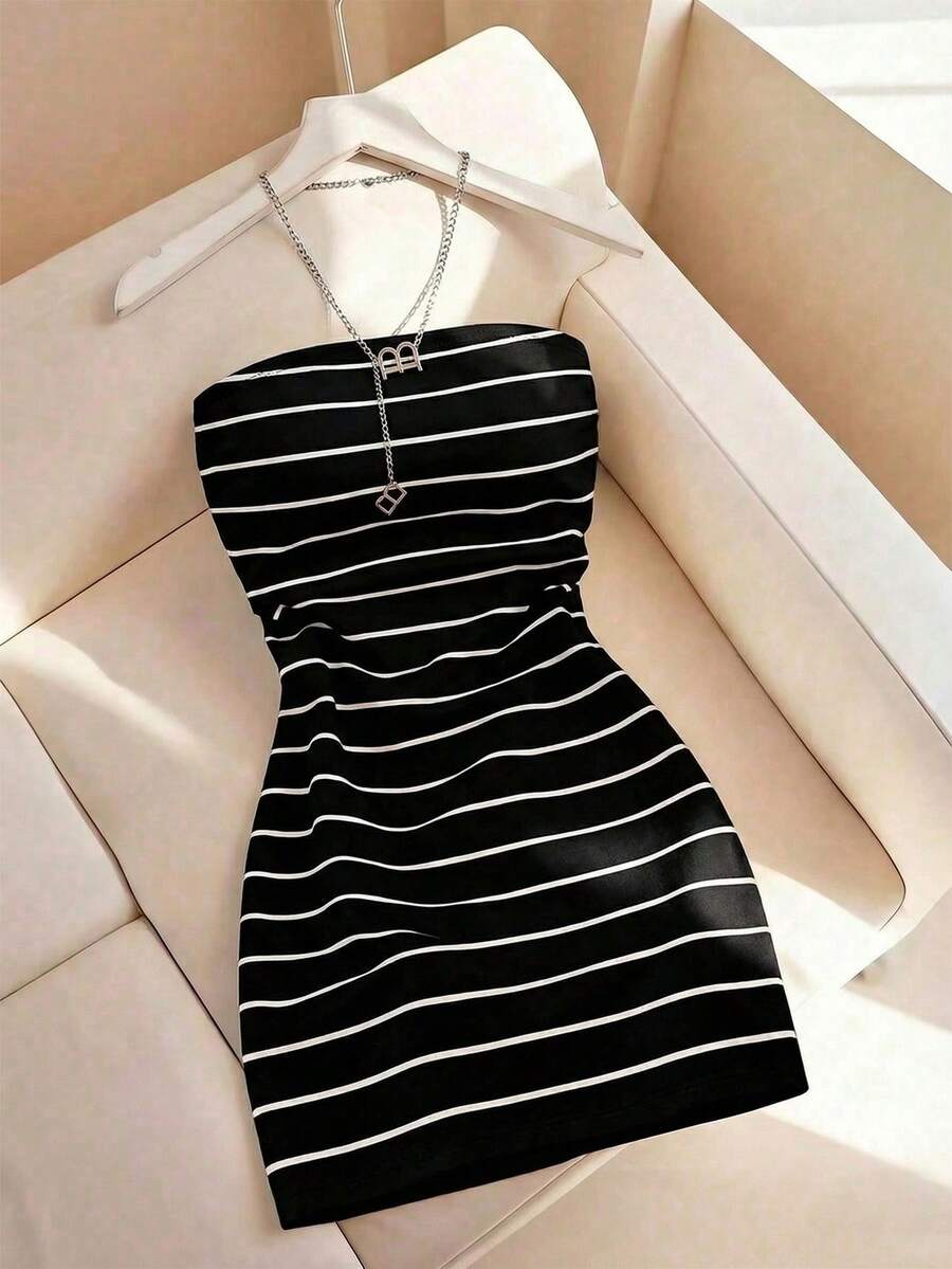 EMERY ROSE Women's New Striped Print Round Neck Fitted Tube Dress, Spring/Summer - Multicolor - View 1