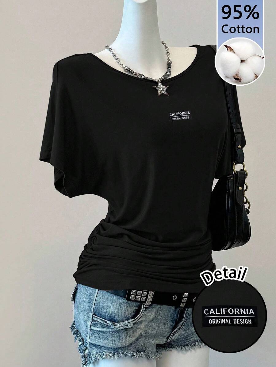 SHEIN EZwear 女款休閒露肩蝙蝠袖T恤,95%棉,Y2K風格,女款休閒,女款夏季,復古,Y2ks,夏季,夏季上衣 - 黑色 - 查看 1