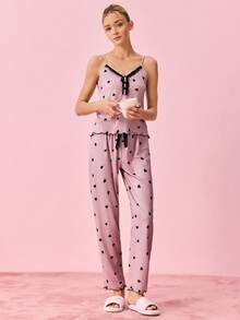 Bonmuse Bộ đồ PJ PJ / Bộ Pajama in hình trái tim tương phản - Bụi hồng - Xem 7