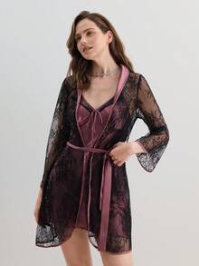 SilkySpell Lace Belted Robe & Cami Pajama Night Dress - Multicolor - View 9