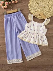 SHEIN Vintaside Kids 女童碎花荷叶边上衣和阔腿裤休闲两件套 - 紫色 - 查看 2