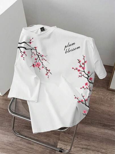 Manfinity Joysei Men's Summer White Short Sleeve T-Shirt Plum Blossom Pink Floral Print Chinese Japanese Style Crew Neck Top Ink Painting Art Letter Graphic Casual Going Out Vintage Oriental Aesthetic Breathable Loose Fit Oversized Drop Shoulder Elegant.Men's Casual Floral Print T-Shirt, Summer