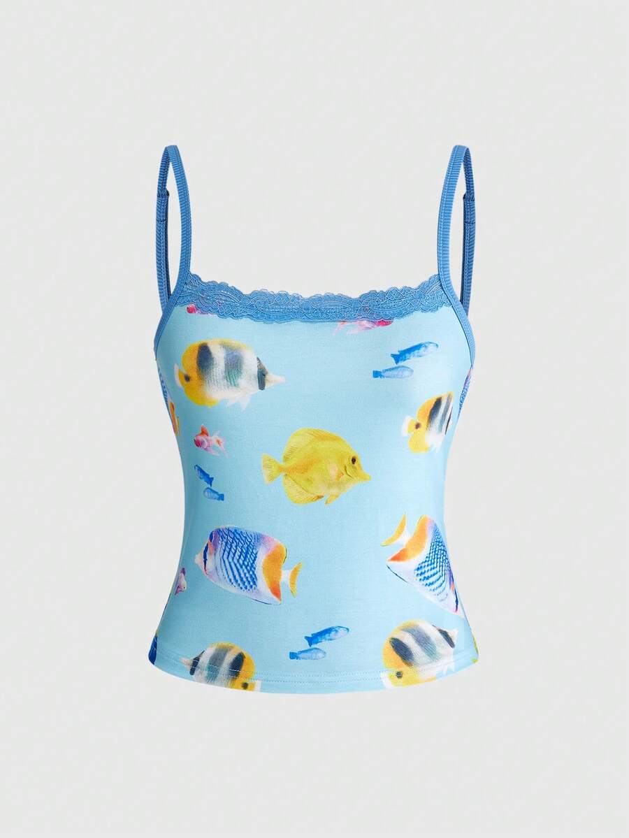 ROMWE Söt guldfisktryckt linne med semesterkänsla för kvinnor i Y2K-stil - Multifärgad - Visa 1