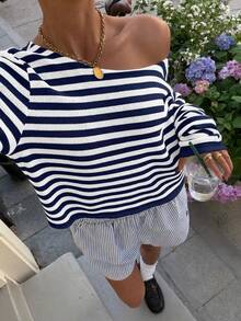 Muchica Áo thun nữ dáng lửng dài tay, rộng rãi, kẻ sọc, kiểu dáng mới mùa xuân/hè. - Xanh đậm - Xem 1