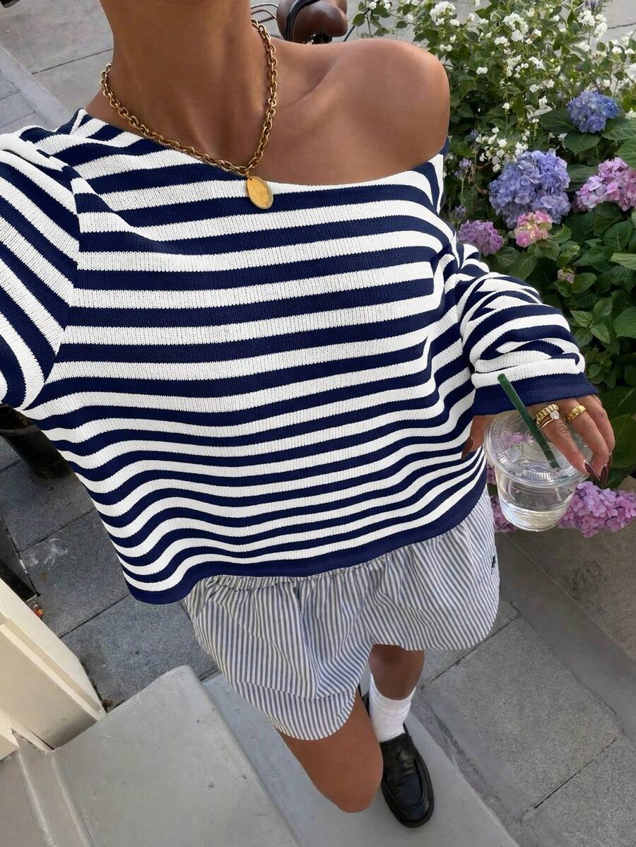 Muchica Áo thun nữ dáng lửng dài tay, rộng rãi, kẻ sọc, kiểu dáng mới mùa xuân/hè. - Xanh đậm - Xem 1