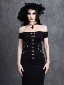 Glisette Đầm dài trễ vai kiểu Gothic phối kim loại dành cho nữ - màu đen - Xem 1