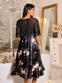 LuxeNights 蝴蝶玫瑰印花缎面面料，网纱蕾丝拼接优雅短袖女士睡裙 - 黑色 - 查看 6