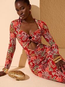 JIAN LASALA 长袖全印花网纱中长连衣裙，女士优雅修身款 - 彩色 - 查看 6