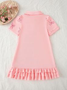 1pc Girls Ruffled Hem Butterfly Print Polo Collar Puff Sleeve Casual Beach Dress, Sweet & Fashionable - Pink - View 2