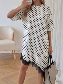 LUNE Vestido de talla media de manga corta con bajo asimétrico, de uso diario, de vacaciones y casual, de unicolor con parches de encaje, de moda básica para mujeres - Blanco y Negro 2 - Ver 7