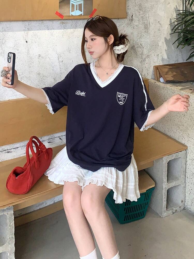 Women's Letter Print Contrast Lace V-Neck Short Sleeve Casual T-Shirt