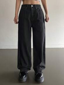 Dazy-Less Women's Loose Casual Straight-Leg Jeans, Spring/Summer - Black - View 4