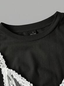 SHEIN MOD Lace 2 In 1 Black & White Mini Dress - Black - View 5