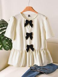 CosyJoli Plus Size Women's Contrast Color Bow Tie Collar Shirt, Versatile Commuter Blouse For Spring/Summer Blouse For Women Casual Blouse With Bows Striped Blouse For Women Blouses For Teens Latest Tops For Women New Arrivals