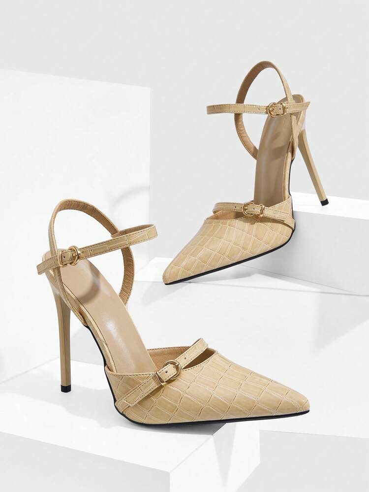 CUCCOO SZL Women Shoes Women's Pointed Stiletto Apricot Embossed Glossy Ankle Strap Buckle Temperament Elegant Fashion Sexy Women's High Heels Shoes Slingback Shoes Suitable For Parties, Parties, Banquets And Other Occasions Women's Shoes