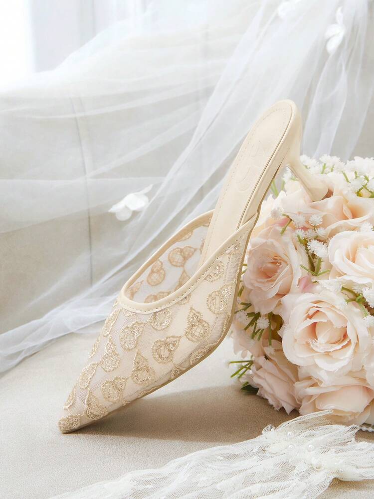 CUCCOO HITCHD Women's High Heels, Wedding Apricot Lace Shoes, Transparent Mesh Hollow Pattern Pointed High Heels, Elegant Fairy Back Strap, Wedding Dress/Toast Suit Versatile Banquet Women's Shoes