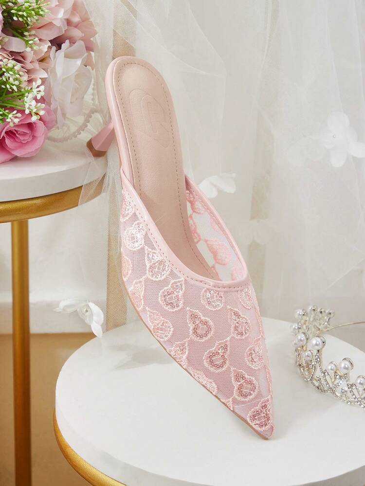 CUCCOO HITCHD Women's High Heels, Wedding Pink Lace Shoes, Transparent Mesh Hollow Pattern Pointed Stiletto, Elegant Fairy Back Strap, Wedding Dress/Toast Dress Versatile Banquet Women's Shoes