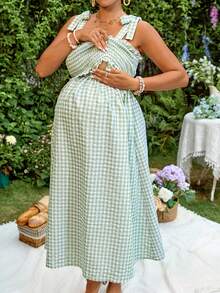 SHEIN Đầm cho bà bầu kiểu dáng thường ngày, kẻ caro, có dây đeo, thích hợp cho mùa hè. - Màu xanh Bạc hà - Xem 2