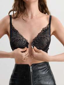 Hourtrue 1 chiếc áo ngực nâng ngực có gọng đệm ren gợi cảm đóng phía trước - màu đen - Xem 6