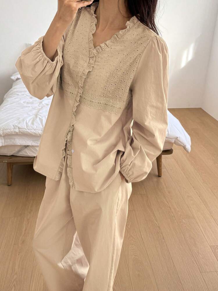 2pcs Elegant Embroidered Fabric Patchwork Frill Trim Women's Pajama Set, Spring