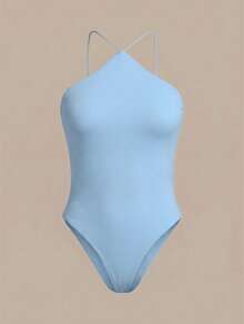 SHEIN BASICS 女士纯色吊带休闲百搭连体衣，适合日常穿着 - 藍色 - 查看 5