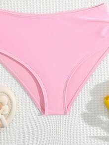 少女比基尼套装，可爱优雅的纯粉色针织吊带背心，配有可调节肩带、双层荷叶边装饰和荷叶边侧系带三角泳裤，涤纶面料，时尚休闲泳装，适合游泳、度假和夏季穿着。 - 淺粉色 - 查看 3